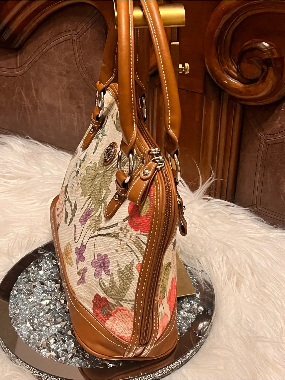 Gianni Bini Floral Canvas Satchel in Cream a handbag